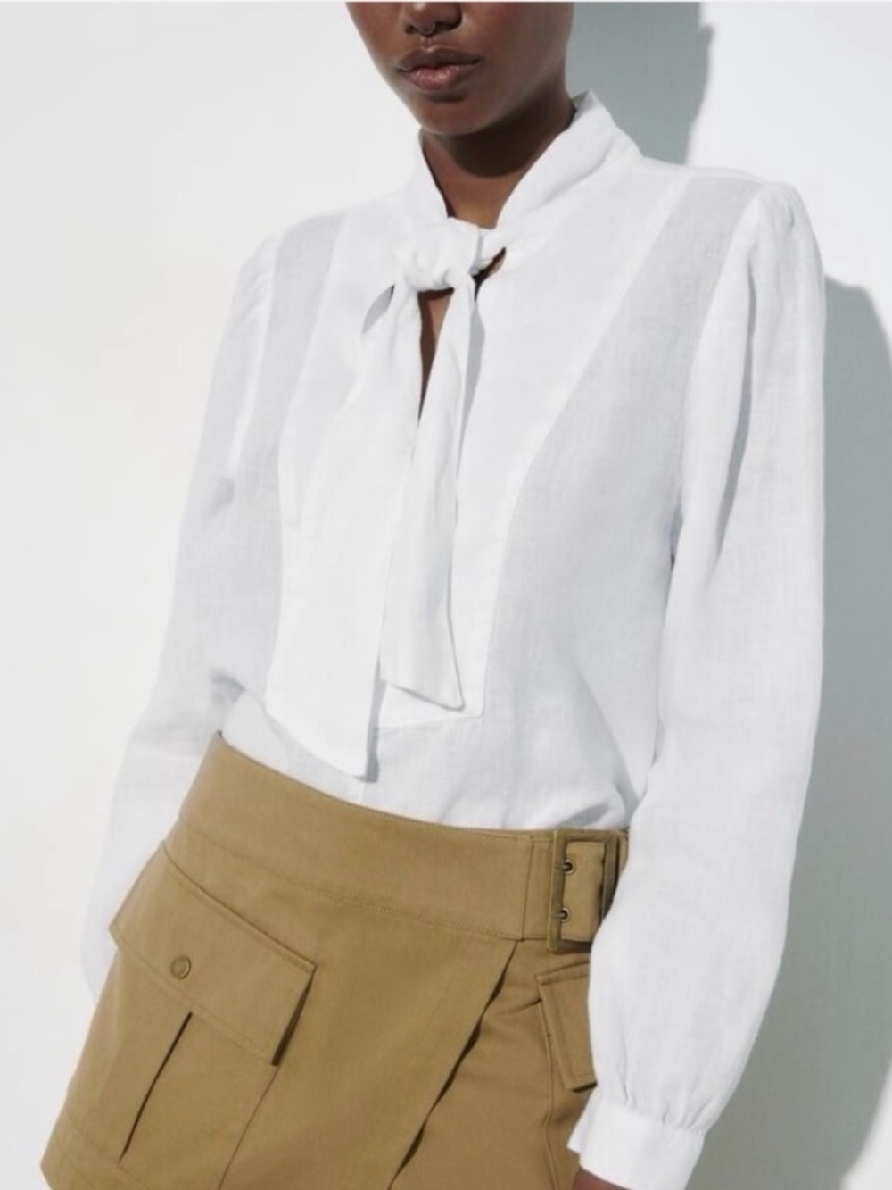 Zara White Tie-Neck Long Sleeve Linen White Blouse XL